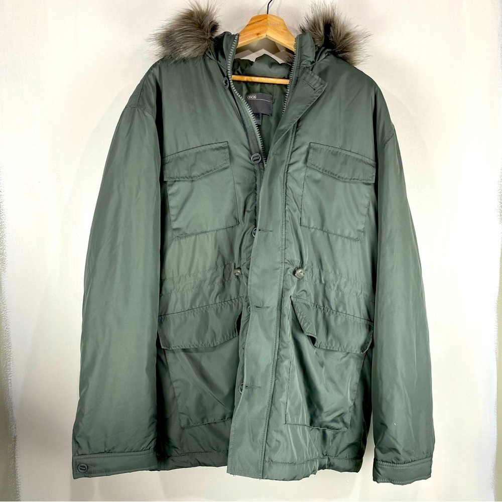 ASOS Longline‎ Puffer Faux Fur Hooded Snow Winter Jacket Coat Green Size Large